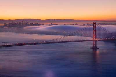 Golden Gate Bridge and City Skyline at Sunrise